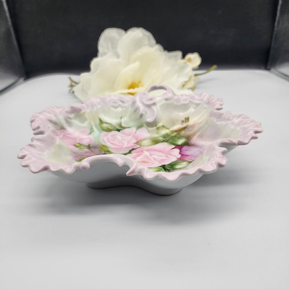 Beautiful Porcelain Hand Painted Victorian Roses Flowers Nappy Dish Pink Signed - Picture 10 of 11